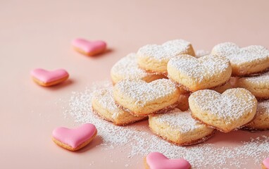 Butter cookies with powdered sugar for Saint Valentines Day and 8 March International Womens Day on a pastel beige background