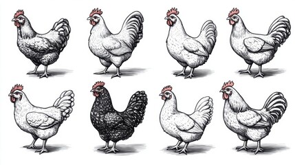 A Collection of Hand-Drawn Chickens in Various Positions and Styles