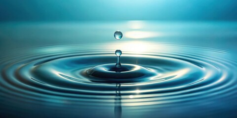 A single droplet of water impacting a tranquil surface, creating mesmerizing concentric ripples and a serene, peaceful atmosphere.