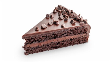 A tempting slice of chocolate cake with rich frosting, carefully placed on a clean, light surface.