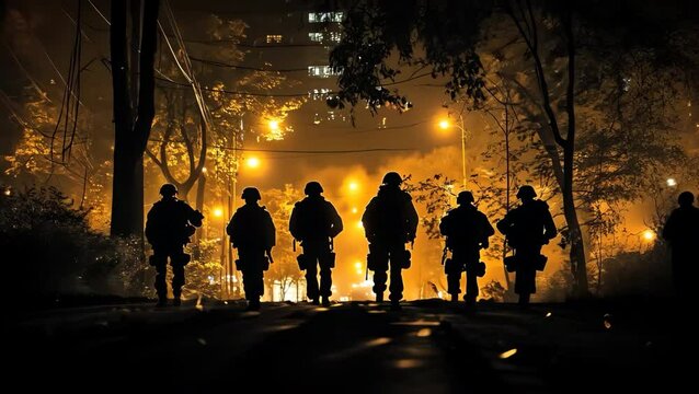 Night Special Forces Patrol in the City. Silhouettes of special forces soldiers against the backdrop of a night city illuminated by streetlights. The soldiers move in formation down a dark alley.