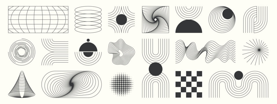 Abstract minimal element mid century vector set. Aesthetic contemporary stripe line art, geometric shape in monochrome. Art form design for wall art, decoration, wallpaper.