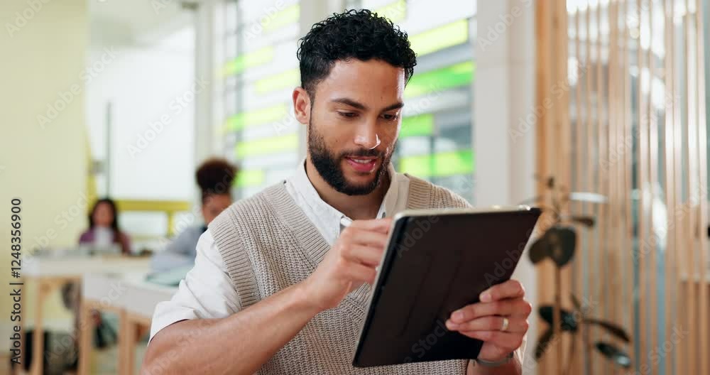 Aufkleber smile, man and drawing on tablet in office as graphic designer, creative project and website sketch.