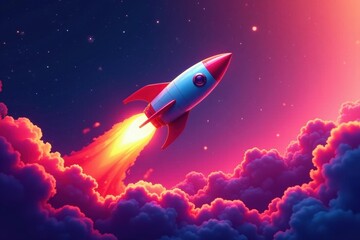 Naklejka premium Vibrant rocket soaring, bold lines, cosmic background, power, space