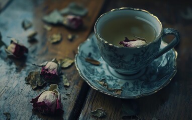 Cup of herbal tea with dried roses, Saint Valentines Day and 8 March International Womens Day