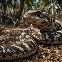 Fototapeta premium Close-up of a snake showcasing its detailed scales and eye. snake in the garden A close-up of a coiled snake resting on the forest floor among leaves and grass.