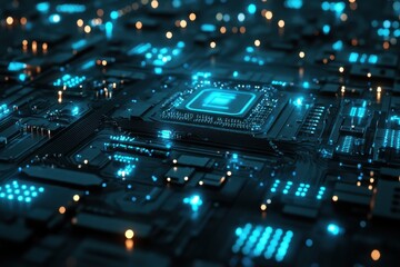 Glowing circuit board with intricate details, highlighting the complexity and innovation in modern electronic design and technology