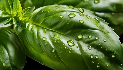 A detailed shot of a fresh basil leaf with tiny water droplets on its surface, emphasizing its vibrant green color and natural texture.