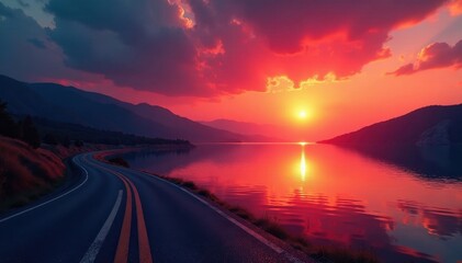 Crimson sun dips below horizon, asphalt ribbon parallels still lake , nature, image