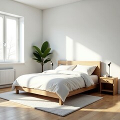 Bright white minimalist bedroom, subtle textures, sunlight, minimalist, geometric, decor