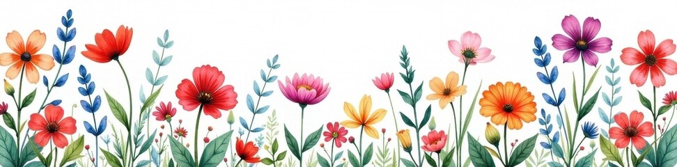 Intricate watercolor wildflowers, vibrant floral repeat, botanical, meadow, surface design