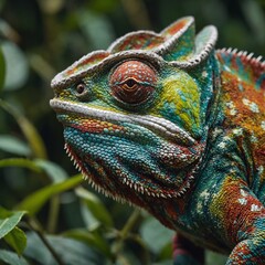 green iguana lizard close up of a green iguana A shy chameleon discovers it can use its colors to bring joy to other animals. Vibrant Chameleon Closeup in Tropical Habitat