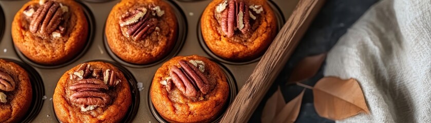 Fototapeta premium Fluffy cinnamon-spiced sweet potato muffins topped with crunchy pecans for a delicious fall treat.