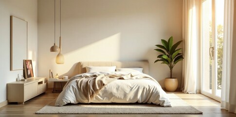 Bright minimalist bedroom with natural light Simple furniture, textured walls , wood, minimalist style, modern decor