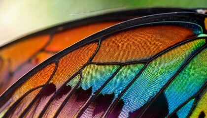 An artistic macro shot of a butterfly’s wings, showcasing intricate patterns and iridescent colors, highlighting the beauty of nature’s design.
