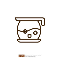 Simple Line Icon of a Fish Bowl with Water and Decorative Elements on a White Background in a Minimalist Style