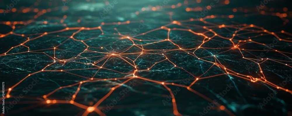 Fototapete A digital network visualization featuring interconnected nodes with glowing lines, creating a vibrant, abstract representation of data flow.