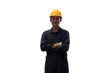 Asian male worker standing with crossed arms on transparent background. Male engineer standing with crossed arms on transparent background