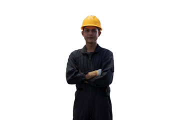 Asian male worker standing with crossed arms on transparent background. Male engineer standing with crossed arms on transparent background