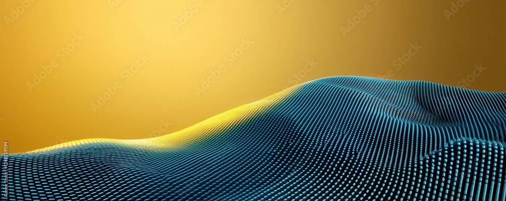 Poster a digital landscape of rolling hills in blue, illuminated by a warm golden light, creating a serene 