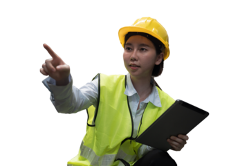 Asian woman worker working with digital tablet on transparent background. Female worker using digital tablet on transparent background