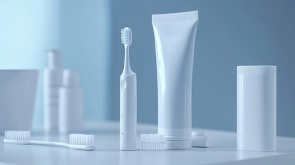 White electric toothbrush, toothpaste tube, and toothbrush on counter.