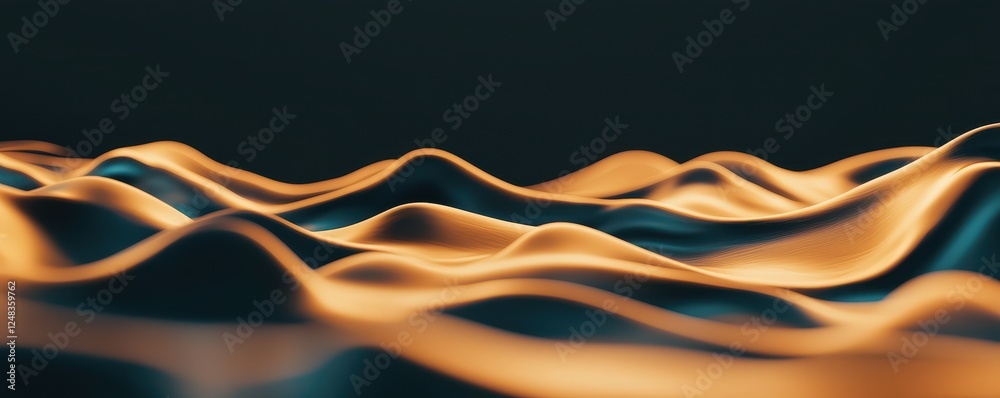 Poster abstract waves in shades of gold and blue create a tranquil, flowing landscape, evoking a sense of m