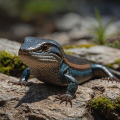 Fototapeta premium Colourful lizard is laying and looking into the camera high quality Iguana walking in the forest. Close up view of a green lizard. The world of wild nature. A small lizard basks in the sun