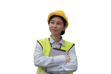 Asian woman worker working with digital tablet on transparent background. Female worker using digital tablet on transparent background