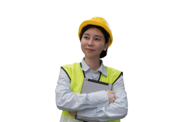 Asian woman worker working with digital tablet on transparent background. Female worker using digital tablet on transparent background