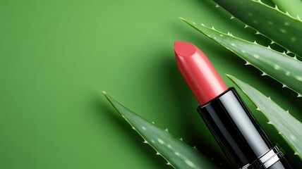 Red lipstick and green aloe leaves on background