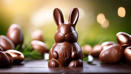 An artistic close-up of a chocolate Easter bunny with a smooth, glossy texture, reflecting light and showcasing its intricate details.