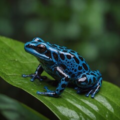 Obraz premium a Poison Dart Frog perched on a leaf, showcasing its striking blue and black spotted skin in intricate detail. The frogs small form stands out against the blurred green background, giving a vivid