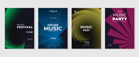 Music poster design background vector set. Electro Sound Cover template with vibrant abstract gradient geometric shape and line wave. Ideal design for social media, flyer, party, music festival, club.