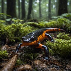 Fototapeta premium Amphibien - Schwarz-gelbes Amphibium im Herbstwald. Stillness in Nature: The Jollyville Plateau Salamander’s Oasis. An orange-black lizard sitting on a stone by the river