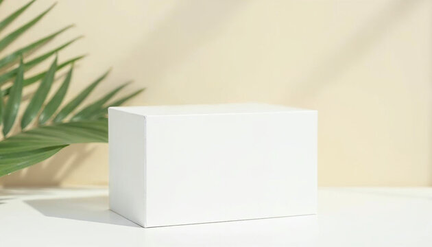 Una caja rectangular blanca colocada sobre una superficie blanca, con una pared de color beige claro al fondo. Una hoja de palma verde est&aacute; colocada a la izquierda, proyectando sombras en la pared