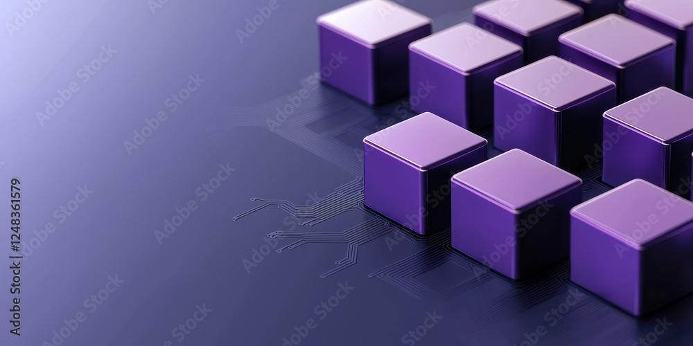 Poster a close-up view of purple cubes arranged in a pattern on a dark surface, showcasing their geometric 