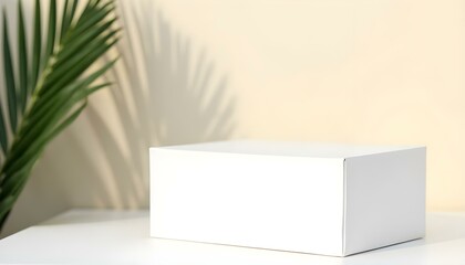 Una caja rectangular blanca colocada sobre una superficie blanca, con una pared de color beige claro al fondo. Una hoja de palma verde está colocada a la izquierda, proyectando sombras en la pared