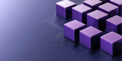 Fototapeta premium A close-up view of purple cubes arranged in a pattern on a dark surface, showcasing their geometric design and shadows.