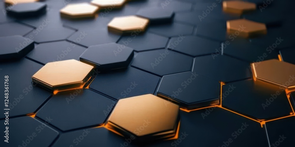Poster A close-up view of a hexagonal pattern featuring gold and dark surfaces, creating a modern and sleek design.