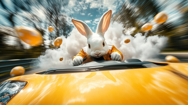Osterhase als Rennfahrer f&auml;hrt schnell und wirbelt Ostereier auf