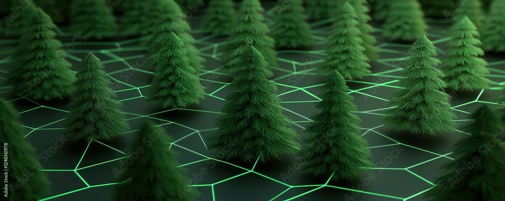 Poster a digital landscape featuring stylized green trees interconnected by a geometric network, representi