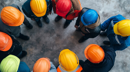 Gruppe von Arbeitern mit Fokus auf den Bauhelmen, symbolisiert die Themen Arbeitssicherheit und Unfallschutz