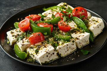 Fresh Greek Salad with Cherry Tomatoes, Feta Cheese, and Herbs on a Dark Rustic Background
