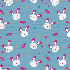 Seamless pattern with bunny rabbit cartoons, cute flower and carrot on stripped background. Rabbit face icon sign vector.