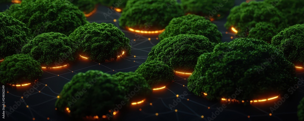 Poster a vibrant, digital landscape featuring lush green trees illuminated by subtle orange lights, creatin