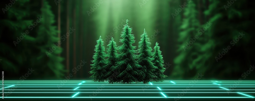 Poster a cluster of vibrant green trees illuminated by beams of light, set against a futuristic grid backgr