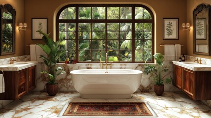 Luxurious bathroom, jungle view, marble floor, design