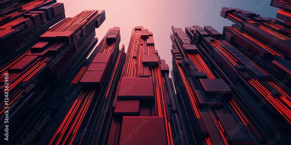 Aufkleber A futuristic cityscape with towering, angular structures illuminated in red and set against a soft gradient background.
