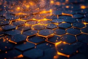 Fototapeta premium Illuminated hexagonal shapes create a futuristic, glowing pattern with dynamic sparkling particles, evoking a sense of technology and innovation